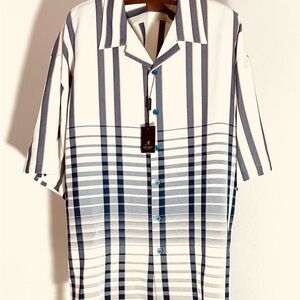 NWT Mens 3xl Montique Button Down Short Sleeve Shirt Dark Blue & White, Untuck